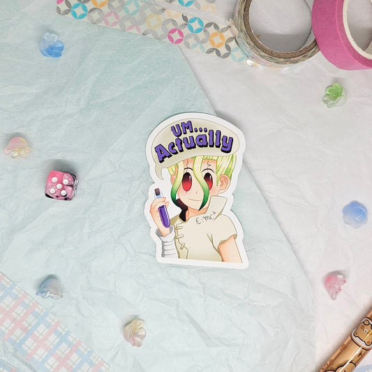 Sticker of Senku Ishigami from Dr. Stone saying "um... actually"