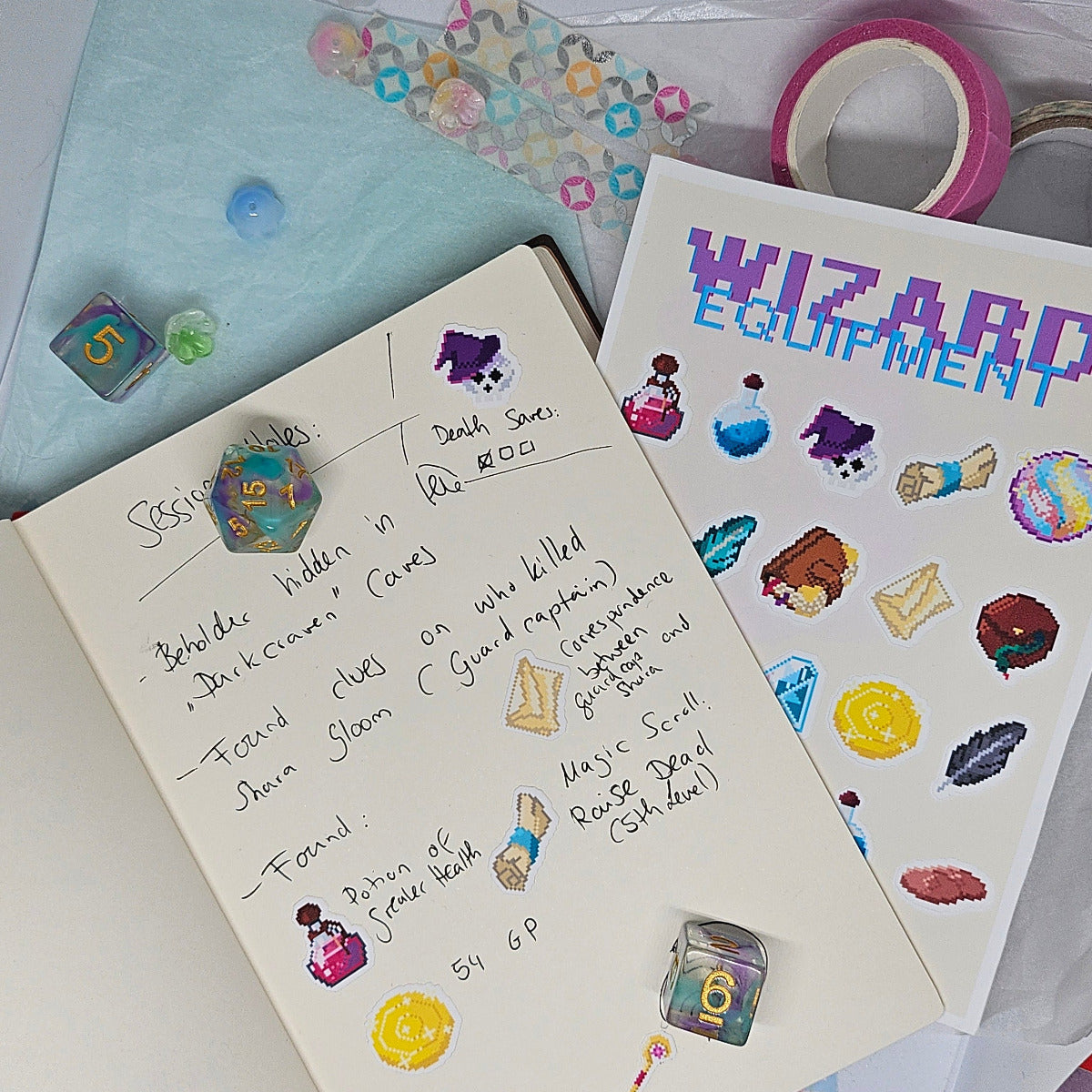 Notebook with A6 Sticker Sheet with pixelart stickers for DND wizard equipment