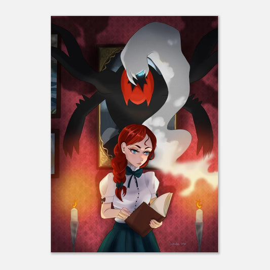 art print anime girl and ghost monster in a gallery