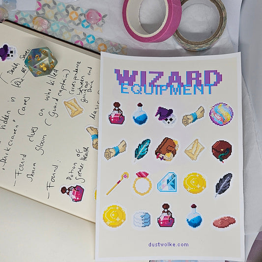 A6 Sticker Sheet with stickers for DND wizard equipment - notebook as example in the background