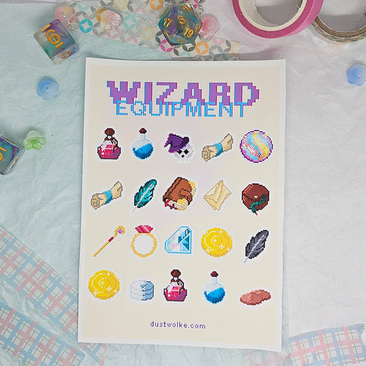 A6 Sticker Sheet with stickers for DND wizard equipment - Pixelart